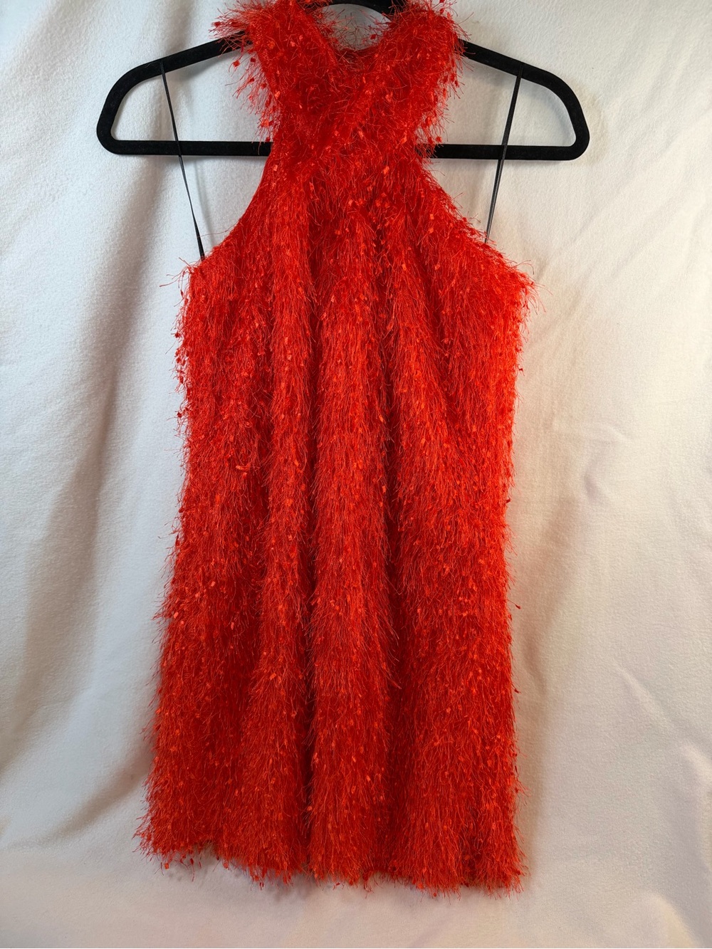 Zara NWT Orange Fringe Tulle Halter Mini Dress Open Back XL
